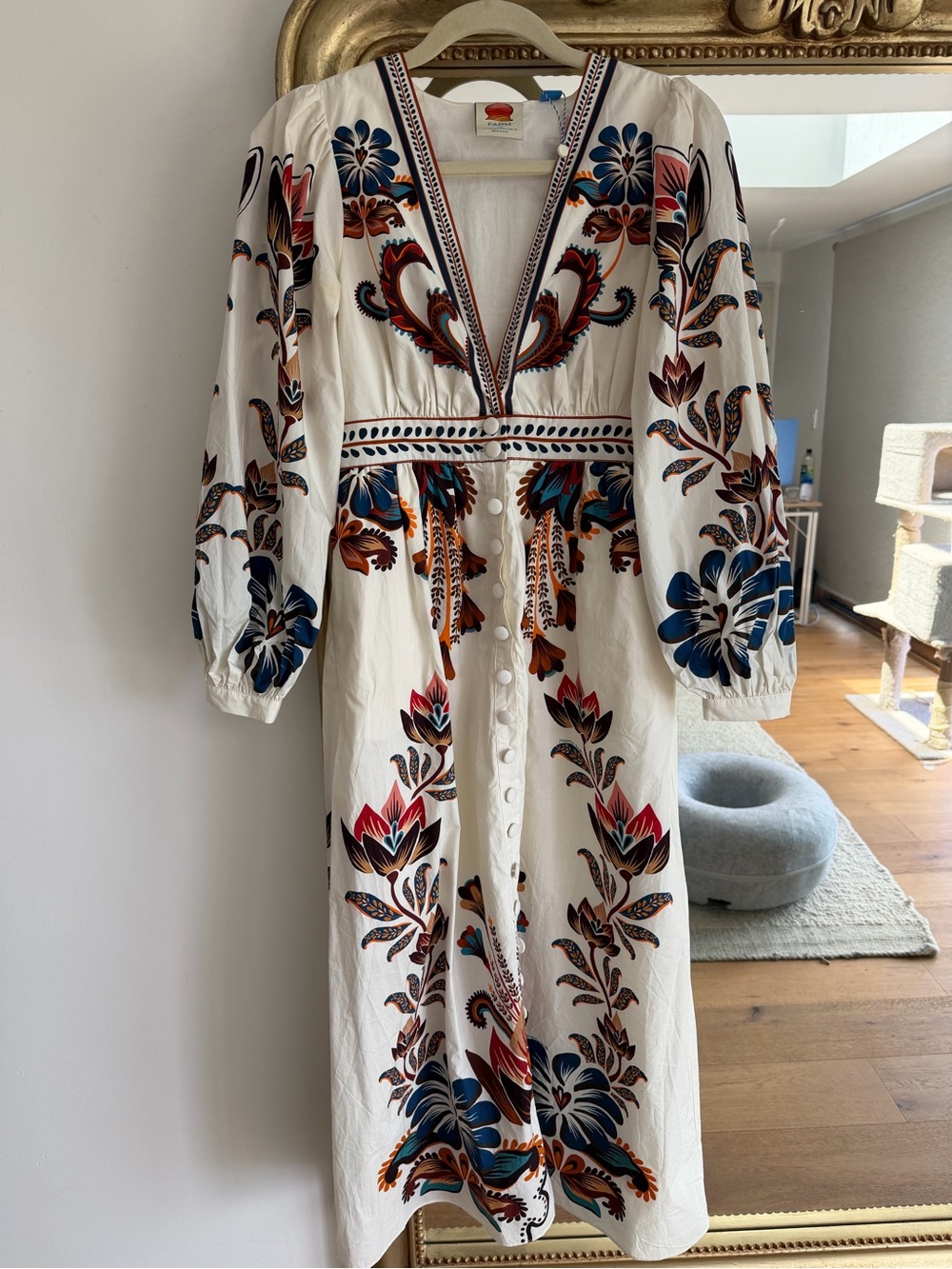 FARM Rio White Midi Dress with Blue & Rust Floral Print